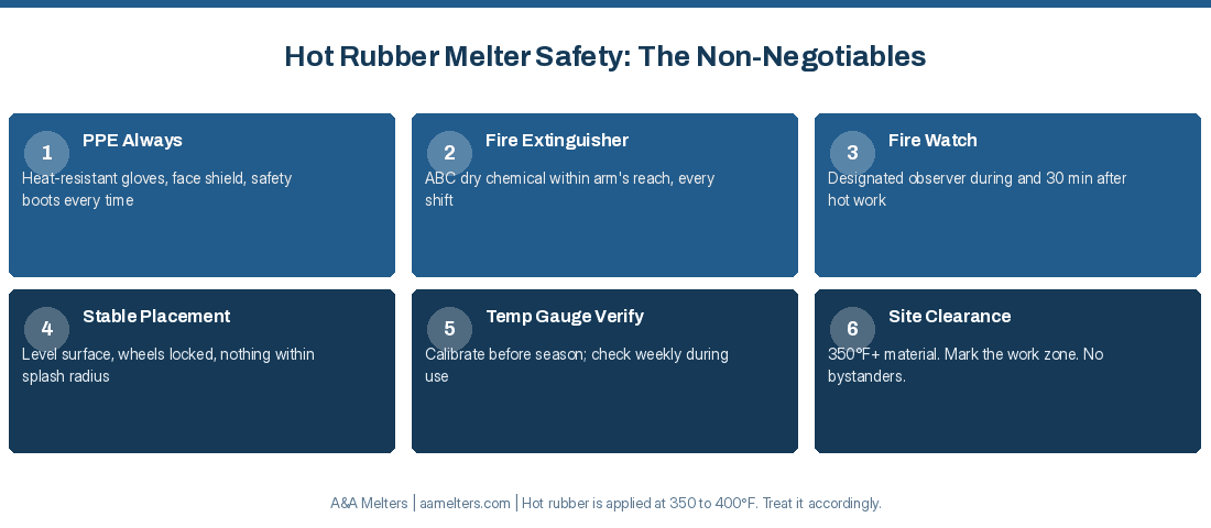 Hot rubber melter safety non-negotiables: PPE, fire extinguisher on site, fire watch, stable placement, temperature gauge verification, and site clearance
